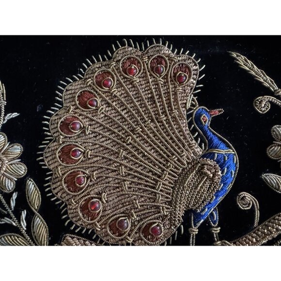 Peacock On Black Velvet Fabric Handcrafted Embroidered Metallic Gold Thread & Re - Picture 2 of 3
